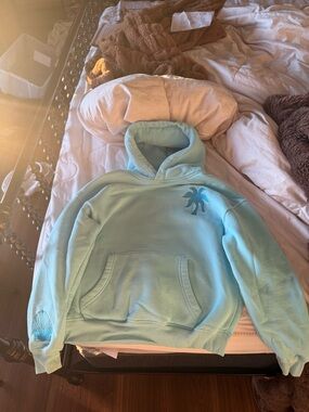Pink Palm Puff Teal Hoodie Sweater